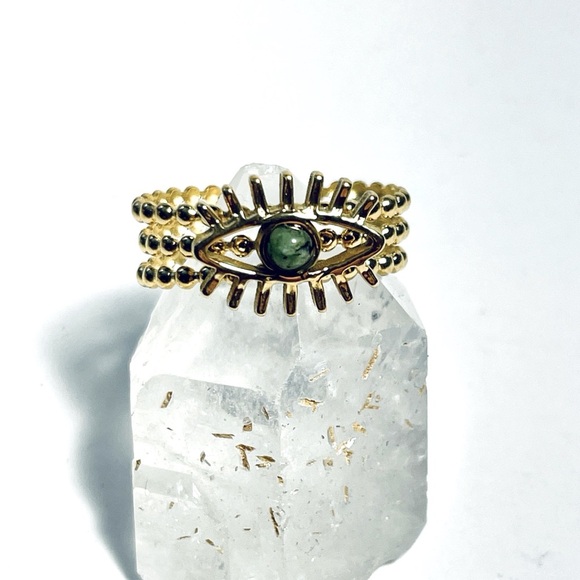 2/$20 ✨ LAST ONE! Evil Eye Beaded 18k Gold Plated Ring with Natural Green Stone - Picture 4 of 14